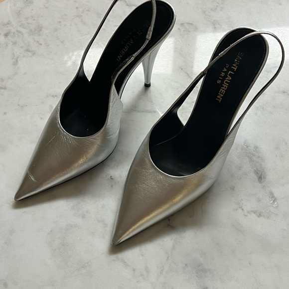 Saint Laurent Silver Slingback Stiletto Heels - Picture 1 of 10